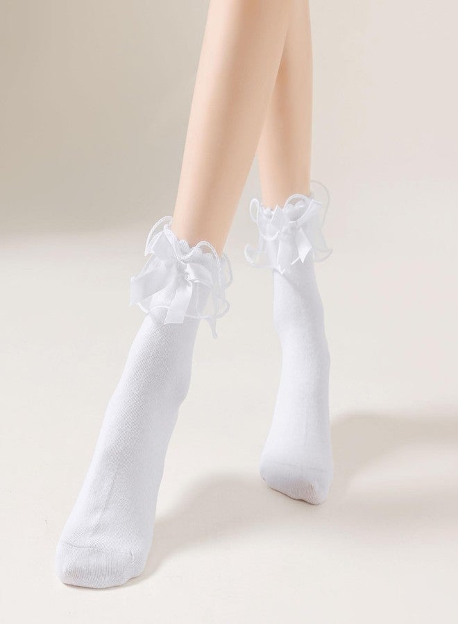 AMHRLINGTO Lace Ruffle Frilly Socks for Women, Comfortable Cotton Cute Lace Ankle Socks with Bow (US, Numeric, 5, 9, Regular, Regular, White-1 Pairs) - Image 3